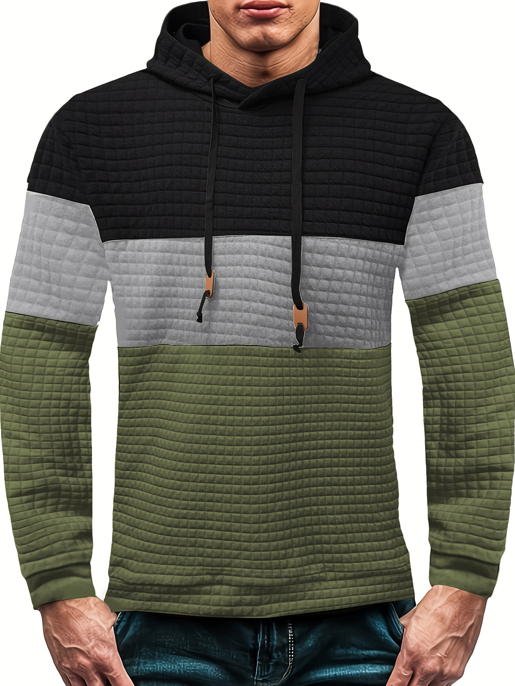 Men’s Color Block Waffle Hoodie – Stylish Streetwear Pullover