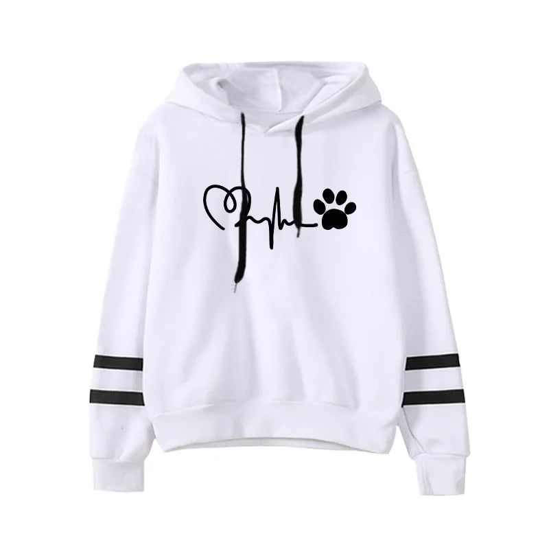 Striped Pullover Hoodie for Women featuring a heart and paw print design, perfect for casual and cozy outfits.